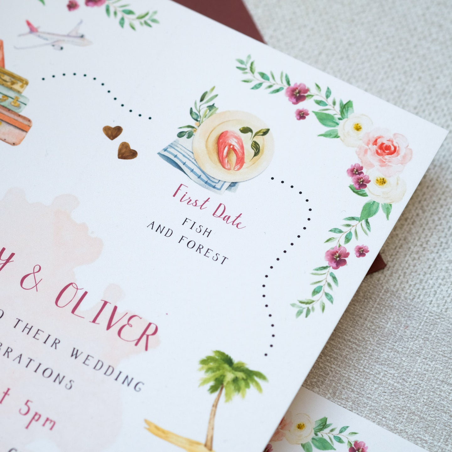 Wedding invitation with a custom illustration timeline of your relationship, customised to your colour scheme